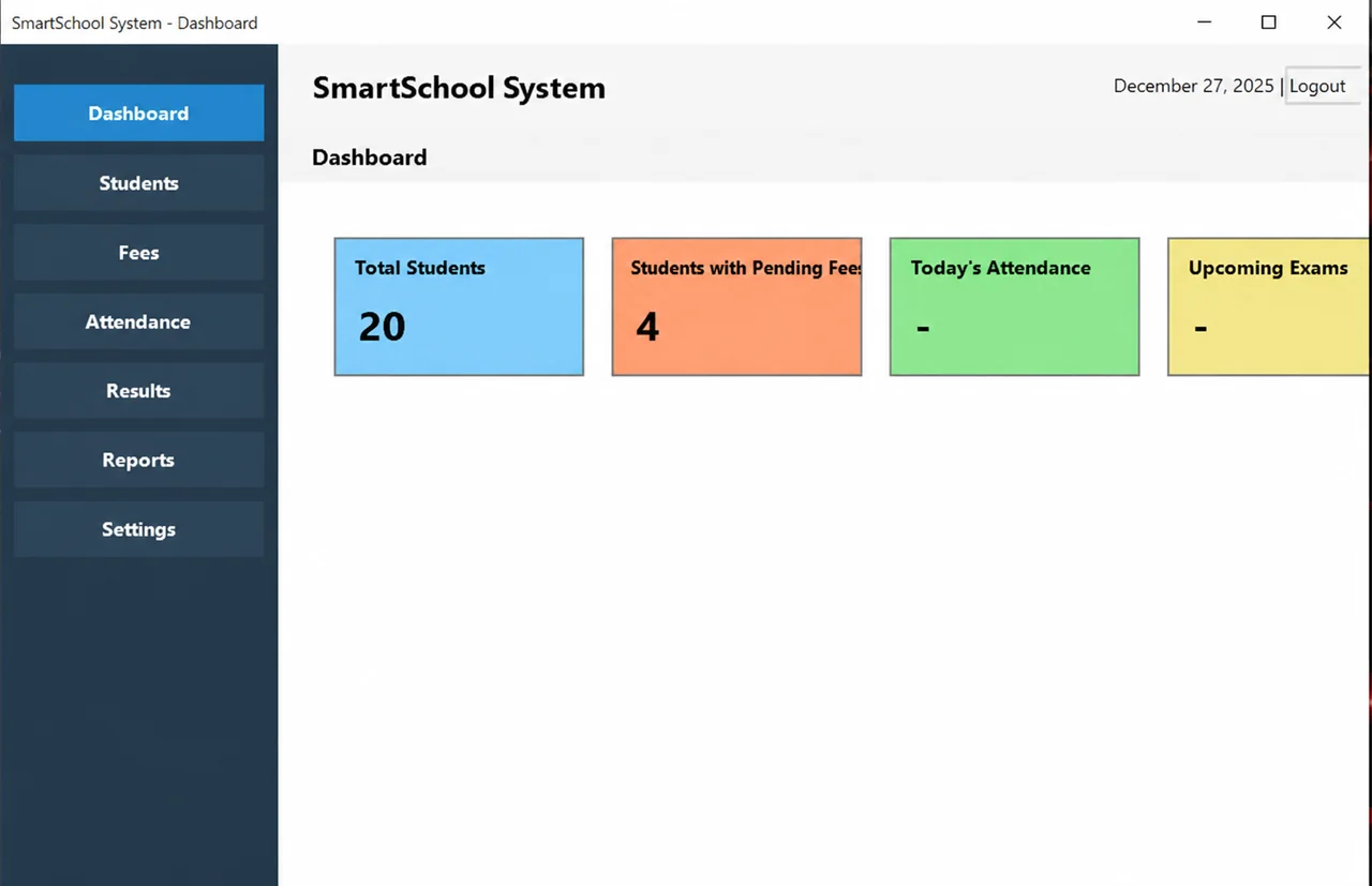 SmartSchool System dashboard with student totals, pending fees, attendance and upcoming exams