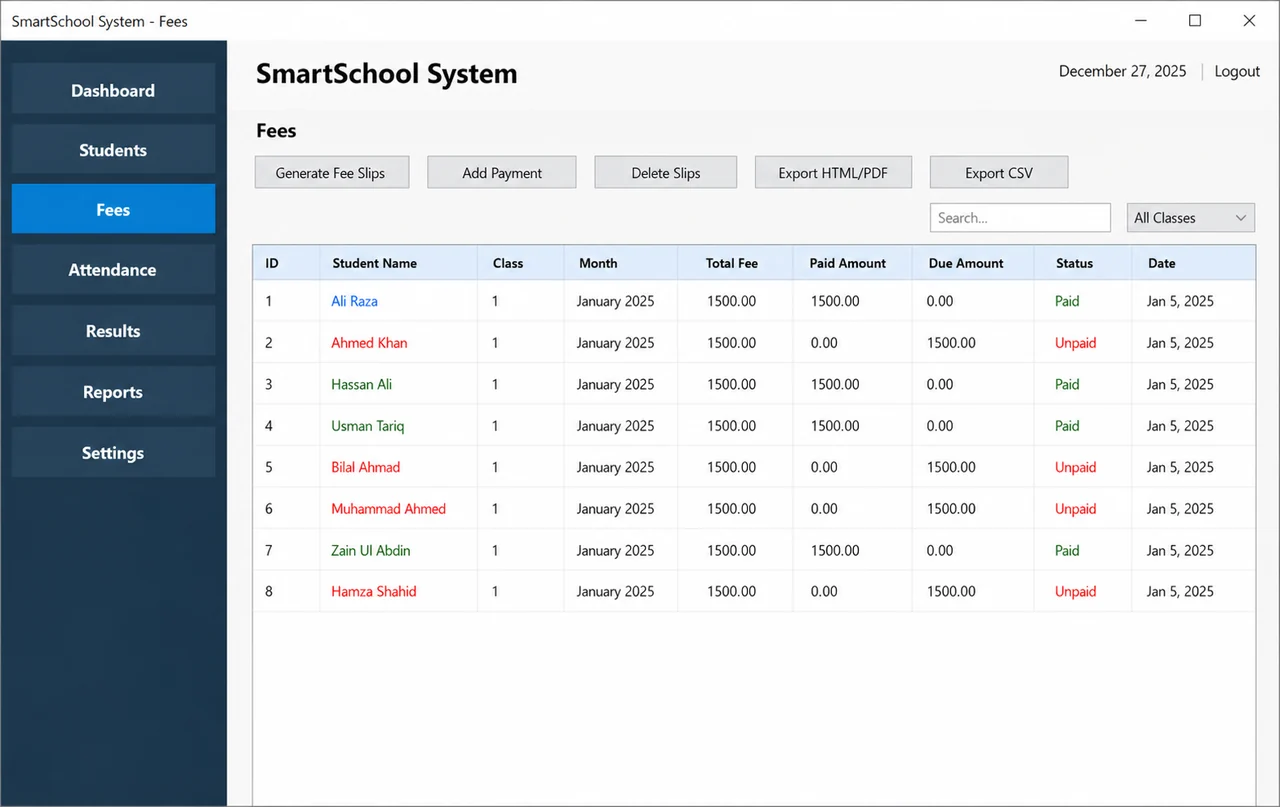 SmartSchool System fees screen with student payment status records